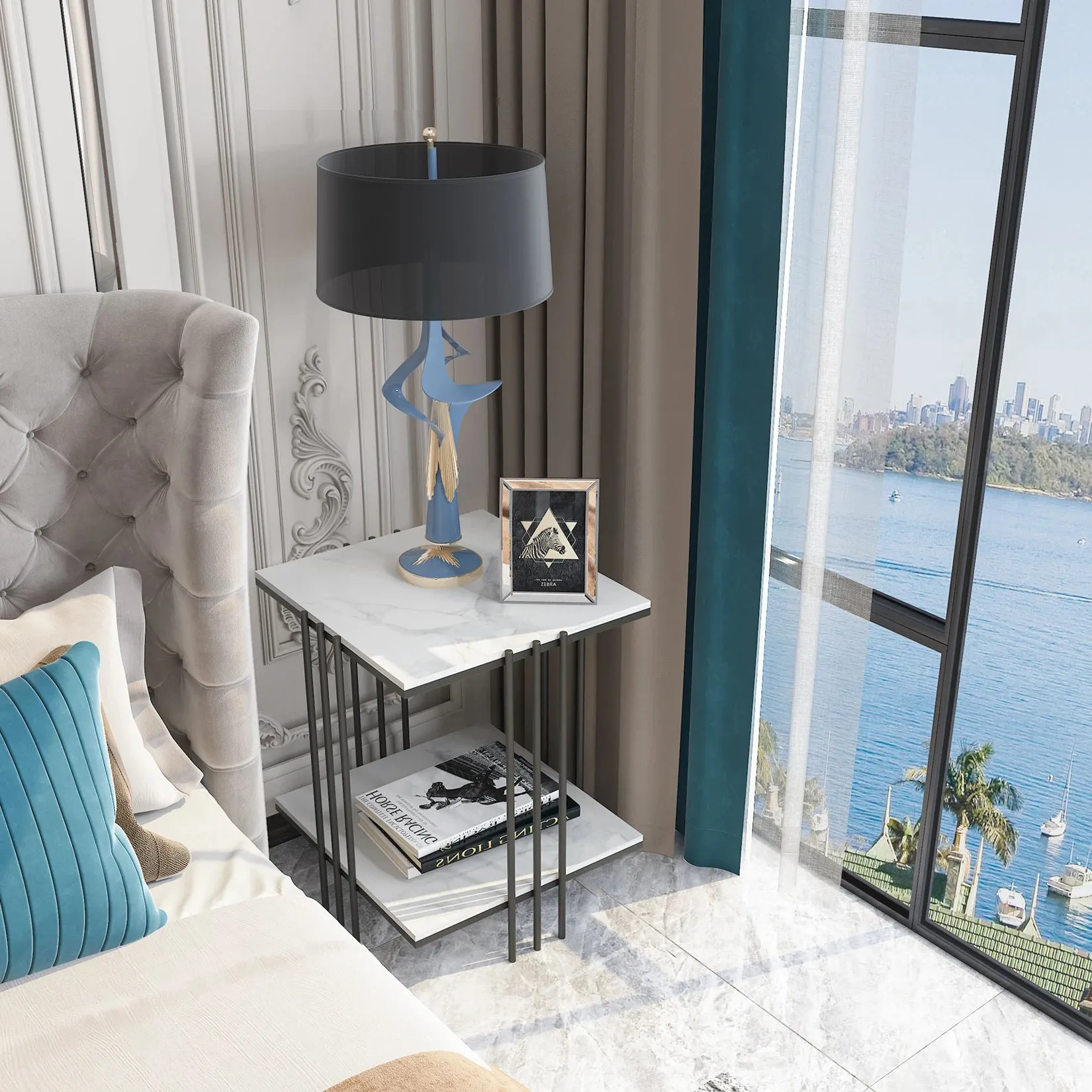 2 Tier Marble End Table Storage Metal Frame