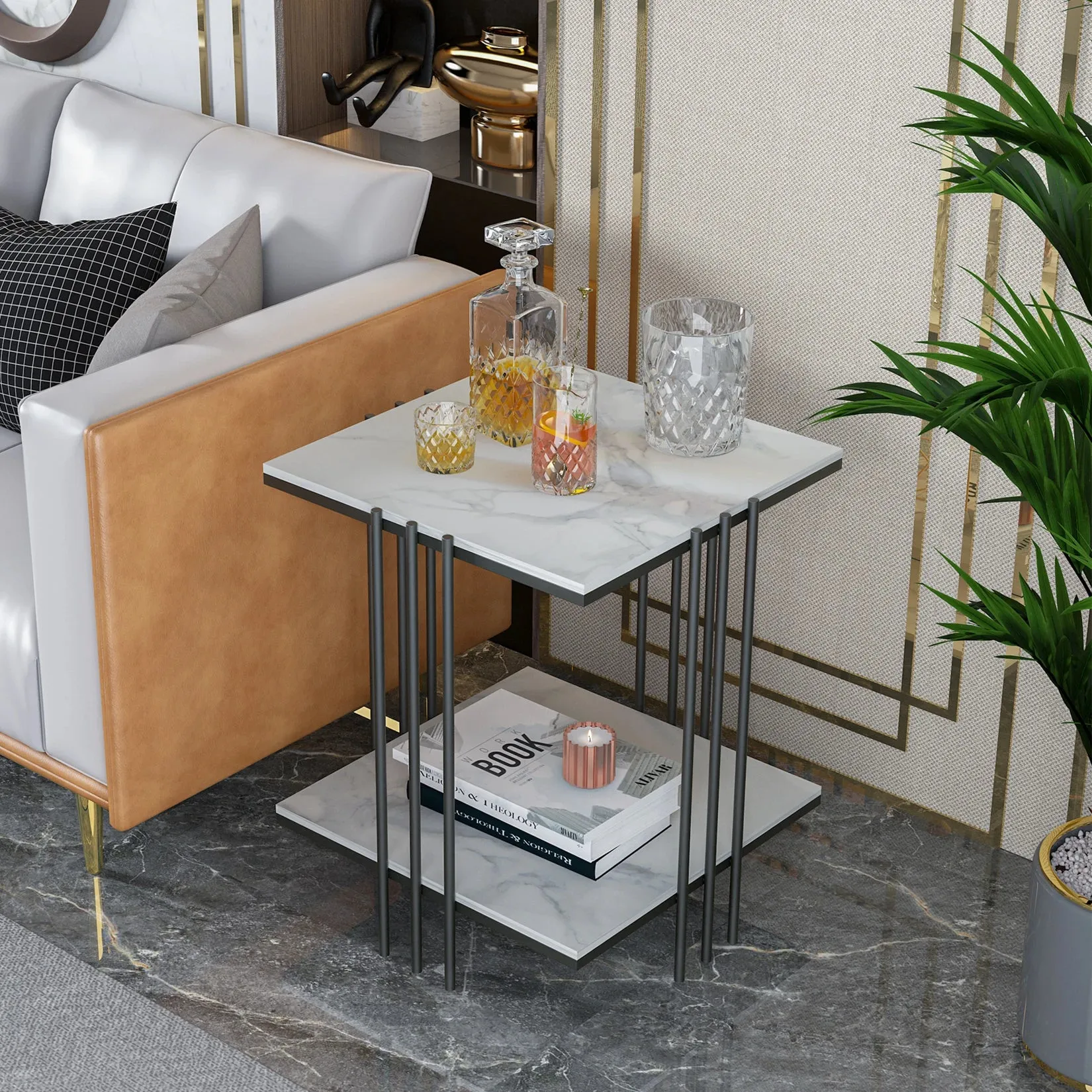 2 Tier Marble End Table Storage Metal Frame