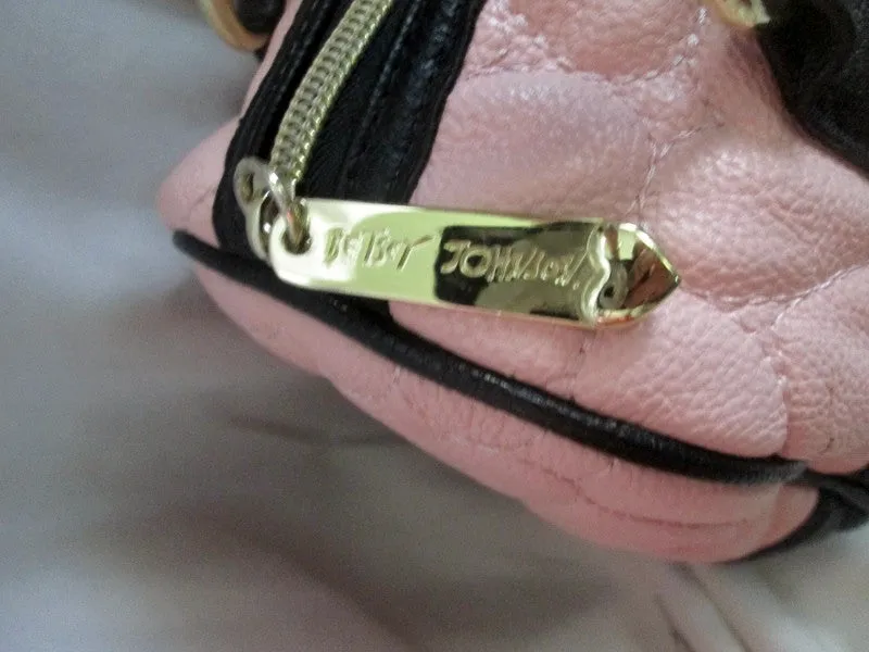 BETSEY JOHNSON Quilted Vegan Satchel Bowler Bag Heart Duffle PINK BLACK Hipster