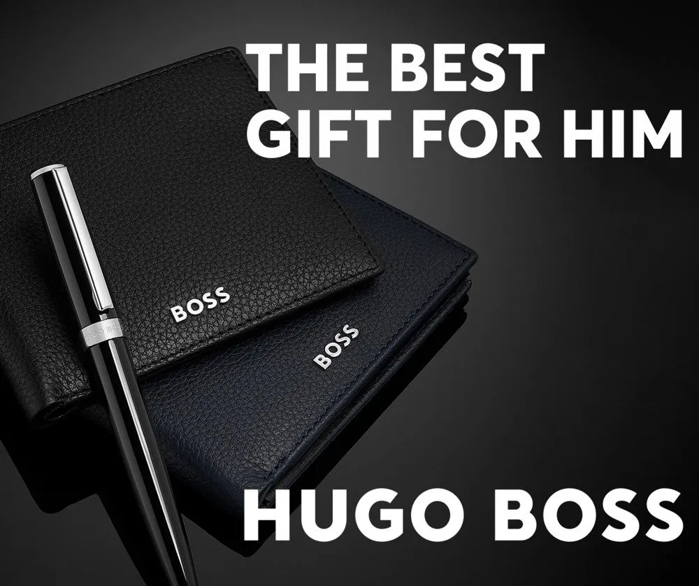 HUGO BOSS Luxury Black Leather Slim Wallet & Pen Set