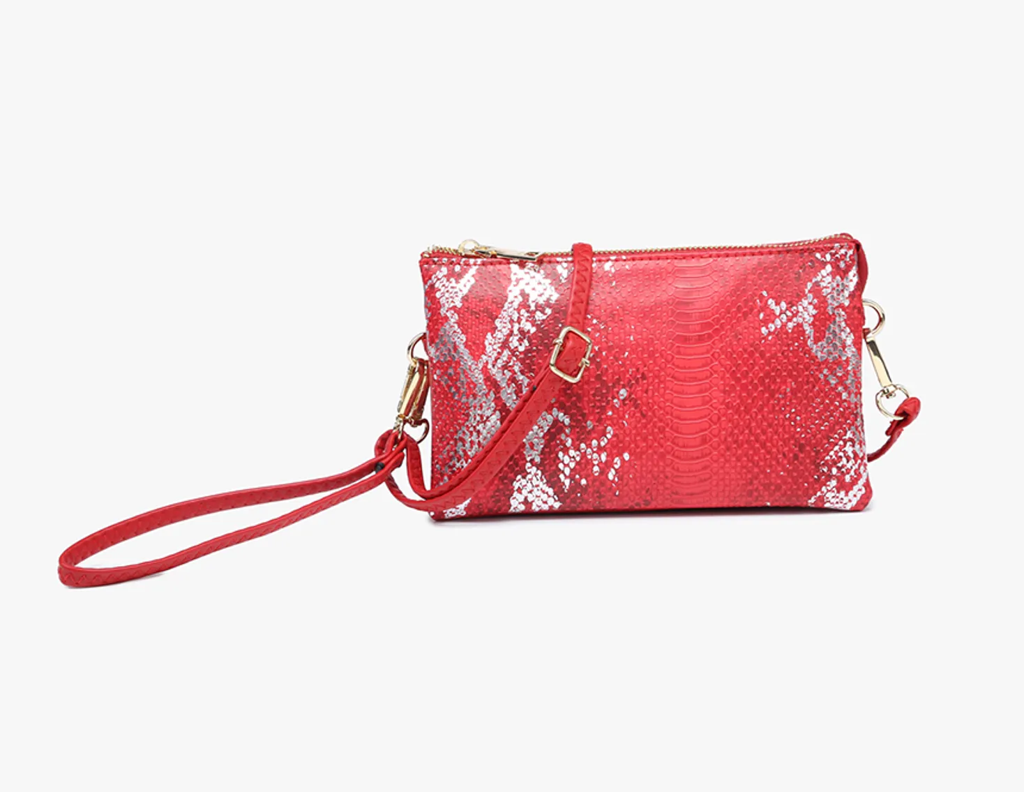 Jen & Co Riley Snake Three Compartment Crossbody Or Wristlet In Metallic Red