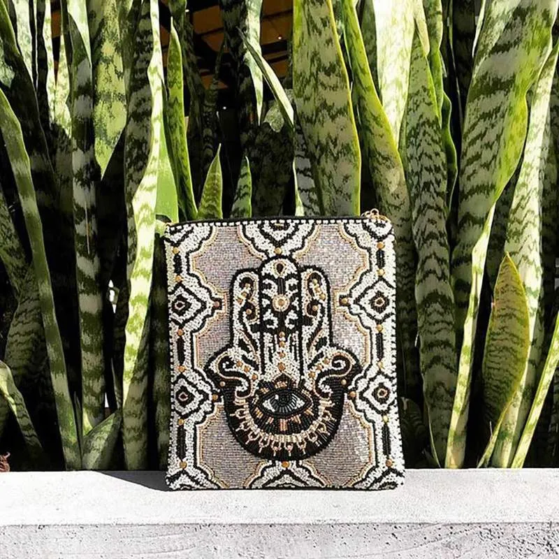 Mary Frances Hamsa Beaded Crossbody Zip Top Handbag 377 Luck Happiness