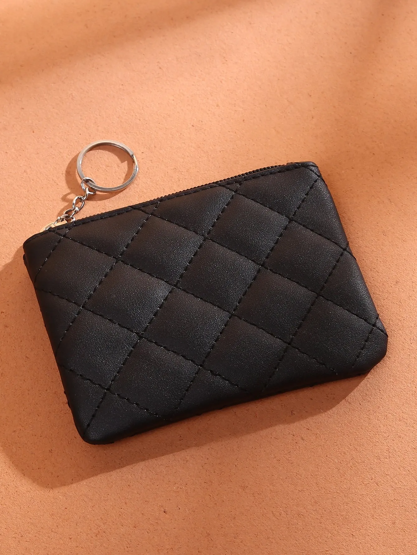 Quilted Pattern Coin Case With Keychain Zipper Coin Purse Mini Bag Change Pouch