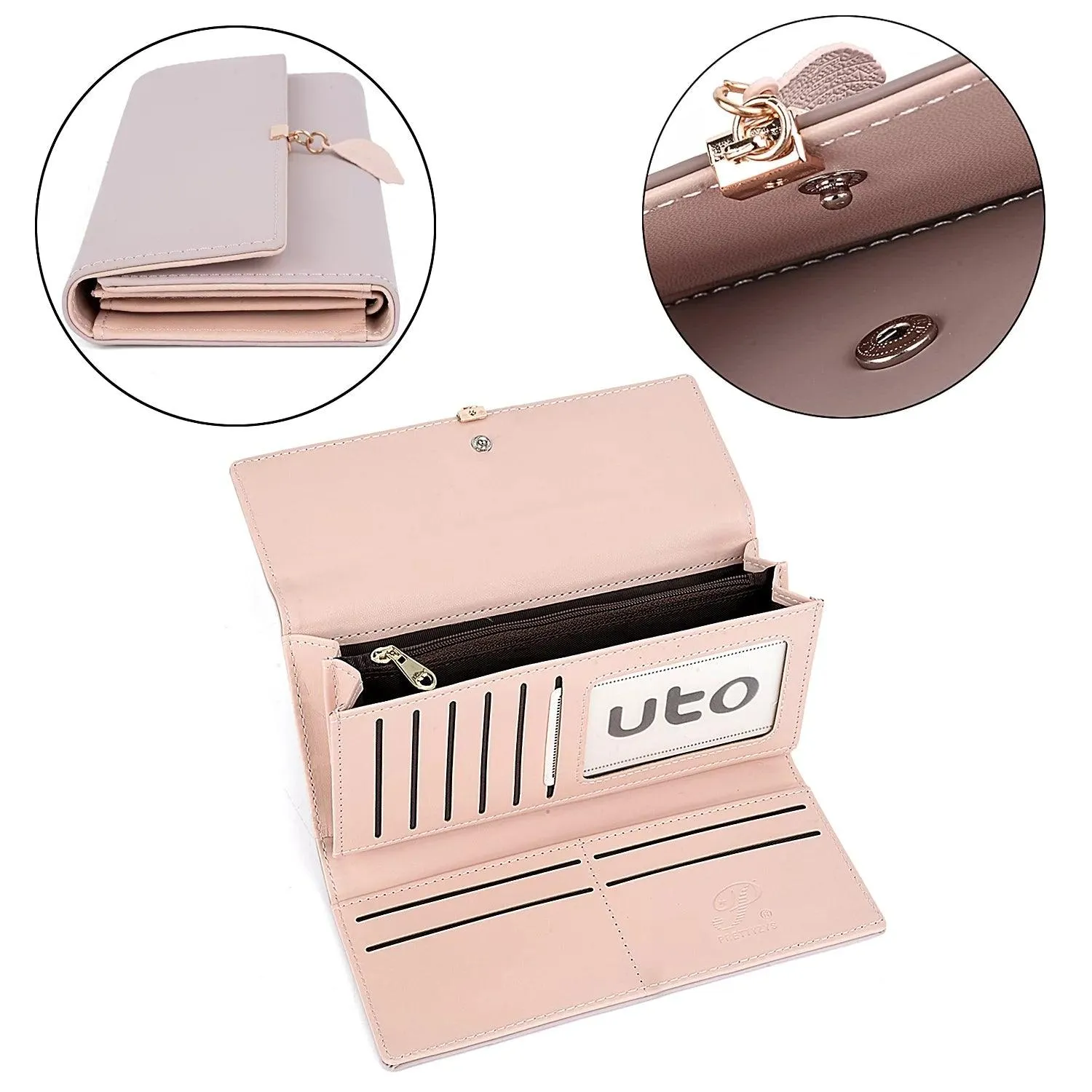Womens Wallet PU Leather RFID Blocking Card Holder Elegant Zipper Coin Purse Leaf Pendant(Pink-2)